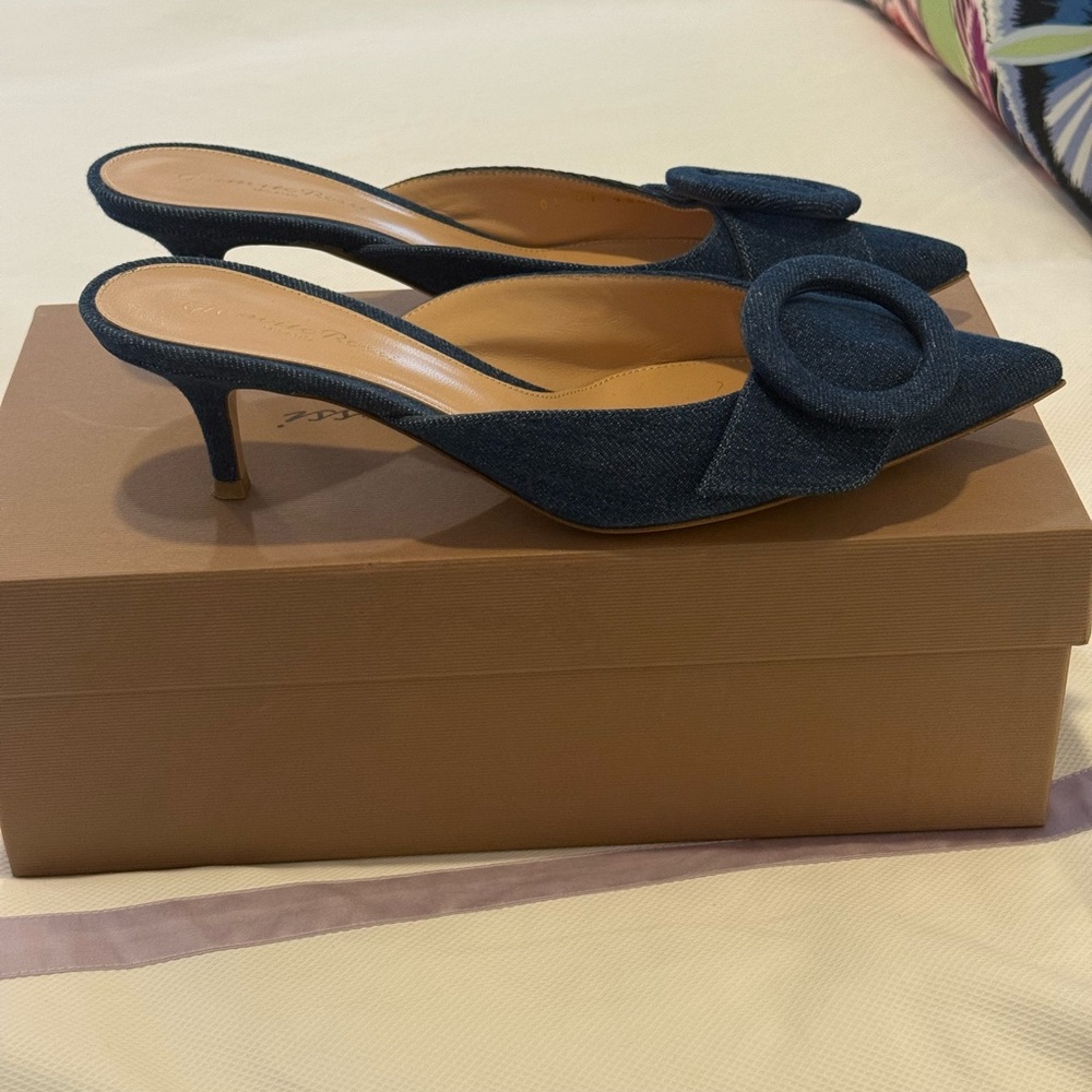 Gianvito Rossi Blue Portofino Mules with Bow Detail - Picture 2 of 6